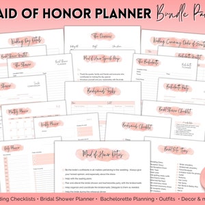 Maid of Honor Planner, 50pg Matron of Honor Wedding Planner bundle, MOH Binder Book, Checklist, To Do List, Bridal Shower, Bachelorette