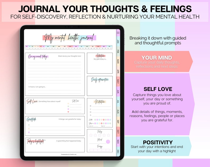 May include: A digital planner with a pink, blue, and green color scheme. The planner is designed to help users journal their thoughts and feelings, practice self-love, and cultivate positivity. The planner includes prompts for daily affirmations, gratitude, and self-reflection.
