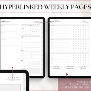 May include: Two digital planner pages on a tablet screen. The left page is a weekly planner with sections for daily tasks, goals, priorities, errands, and habits. The right page is a weekly self-care planner with sections for daily check-ins, energy levels, and a habit tracker.