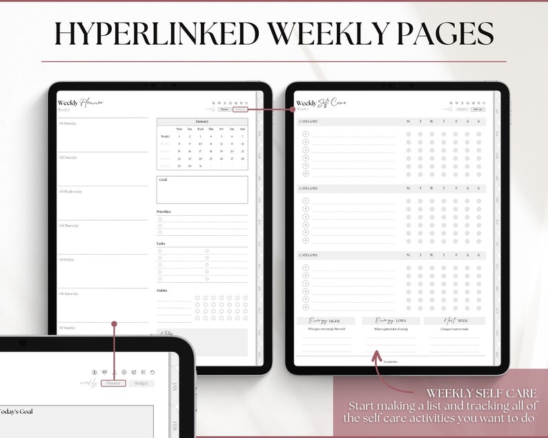 May include: Two digital planner pages on a tablet screen. The left page is a weekly planner with sections for daily tasks, goals, priorities, errands, and habits. The right page is a weekly self-care planner with sections for daily check-ins, energy levels, and a habit tracker.