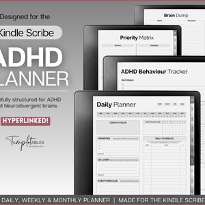 Può includere: Un'immagine in bianco e nero di un Kindle Scribe che mostra un planner progettato per persone con ADHD. Il planner include sezioni per la pianificazione giornaliera, settimanale e mensile, nonché una matrice di priorità, un brain dump e un tracker del comportamento ADHD. Il testo "Designed for the Kindle Scribe" e "PLANNER ADHD" è visualizzato nella parte superiore dell'immagine.