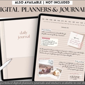 Op de afbeelding: Een digitale planner met een dagelijkse journaalpagina. De pagina is verdeeld in secties voor dagelijkse intenties, een to-do-lijst, dagelijkse hoogtepunten en dagelijkse dankbaarheid. De pagina is versierd met een bloemenontwerp en een foto van drie mensen. De tekst op de pagina luidt: "Dagelijkse intenties", "Neem een moment om te pauzeren en door al het lawaai van de dag te ademen - om aanwezig te zijn", "To-do-lijst", "Eindscriptie schrijven", "Tweede inhoud voor sociale media", "Emiliys cadeau kopen", "Mediteren", "Affirmation", "Ik ben in staat tot alles wat ik me voorneem", "Dagelijkse dankbaarheid", "Vandaag ben ik dankbaar voor mijn actieve en capabele lichaam dat me toestaat om te bewegen zoals ik wil en voor de flexibiliteit die ik zie ontwikkelen met mijn regelmatige yogalessen", "Citaat van de dag", "Wees de verandering die je in de wereld wilt zien".