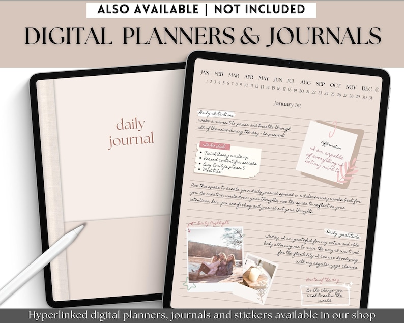 Op de afbeelding: Een digitale planner met een dagelijkse journaalpagina. De pagina is verdeeld in secties voor dagelijkse intenties, een to-do-lijst, dagelijkse hoogtepunten en dagelijkse dankbaarheid. De pagina is versierd met een bloemenontwerp en een foto van drie mensen. De tekst op de pagina luidt: "Dagelijkse intenties", "Neem een moment om te pauzeren en door al het lawaai van de dag te ademen - om aanwezig te zijn", "To-do-lijst", "Eindscriptie schrijven", "Tweede inhoud voor sociale media", "Emiliys cadeau kopen", "Mediteren", "Affirmation", "Ik ben in staat tot alles wat ik me voorneem", "Dagelijkse dankbaarheid", "Vandaag ben ik dankbaar voor mijn actieve en capabele lichaam dat me toestaat om te bewegen zoals ik wil en voor de flexibiliteit die ik zie ontwikkelen met mijn regelmatige yogalessen", "Citaat van de dag", "Wees de verandering die je in de wereld wilt zien".