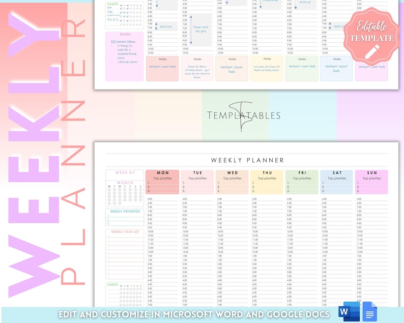 Weekly Hourly Planner EDITABLE Weekly Schedule, Daily Planner, Undated Planner, 2024 Weekly Organizer, To Do List printable, Adhd, Colorful image 9