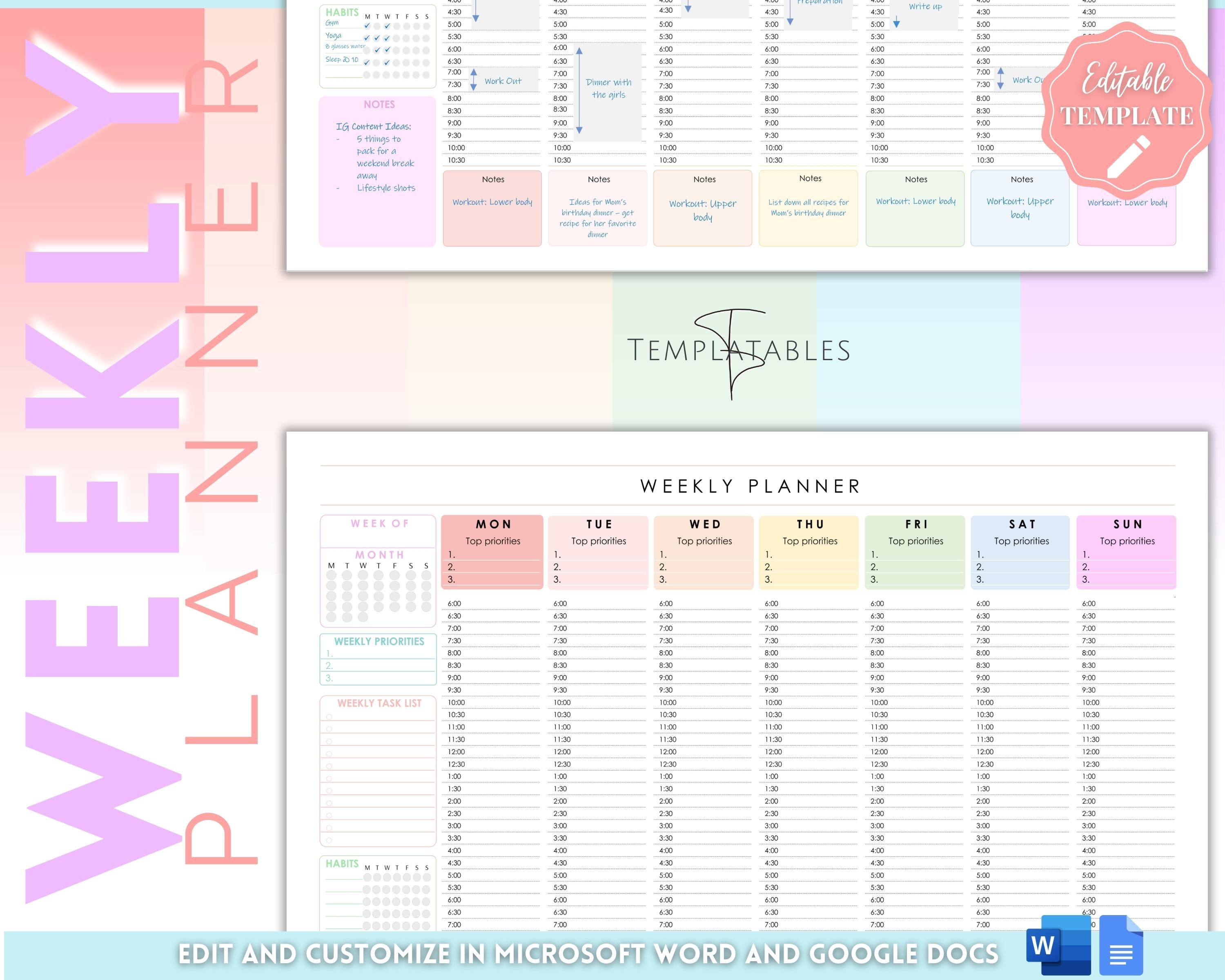 Weekly Hourly Planner EDITABLE Weekly Schedule Daily Planner - Etsy ...