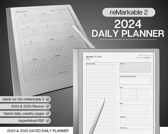 Remarkable 2 Daily Planner Standard Edition, 2024, 2025, Remarkable  Templates, Calendar 