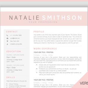 K&ouml;nnte beinhalten: Eine rosa und wei&szlig;e Lebenslaufvorlage mit dem Titel "Natalie Smithson" und dem Text "Ihr Beruf". Die Vorlage enth&auml;lt Abschnitte f&uuml;r Kontaktinformationen, Ausbildung, F&auml;higkeiten, Profil und Berufserfahrung.
