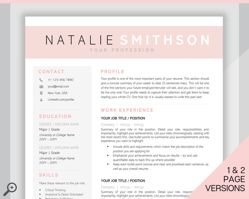 K&ouml;nnte beinhalten: Eine rosa und wei&szlig;e Lebenslaufvorlage mit dem Titel "Natalie Smithson" und dem Text "Ihr Beruf". Die Vorlage enth&auml;lt Abschnitte f&uuml;r Kontaktinformationen, Ausbildung, F&auml;higkeiten, Profil und Berufserfahrung.