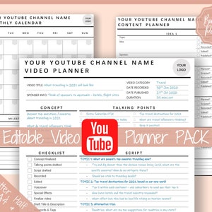 Youtube Planner, Video Planner, Social Media Content Calendar, EDITABLE BUNDLE, Printable Vlog Checklist, You Tube Template, Script, Tracker