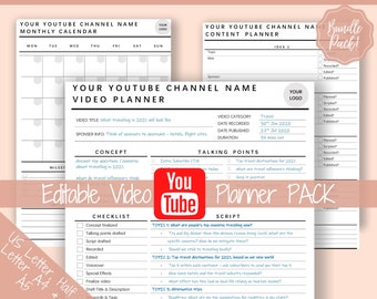 Youtube Planner, Video Planner, Social Media Content Calendar, EDITABLE BUNDLE, Printable Vlog Checklist, You Tube Template, Script, Tracker