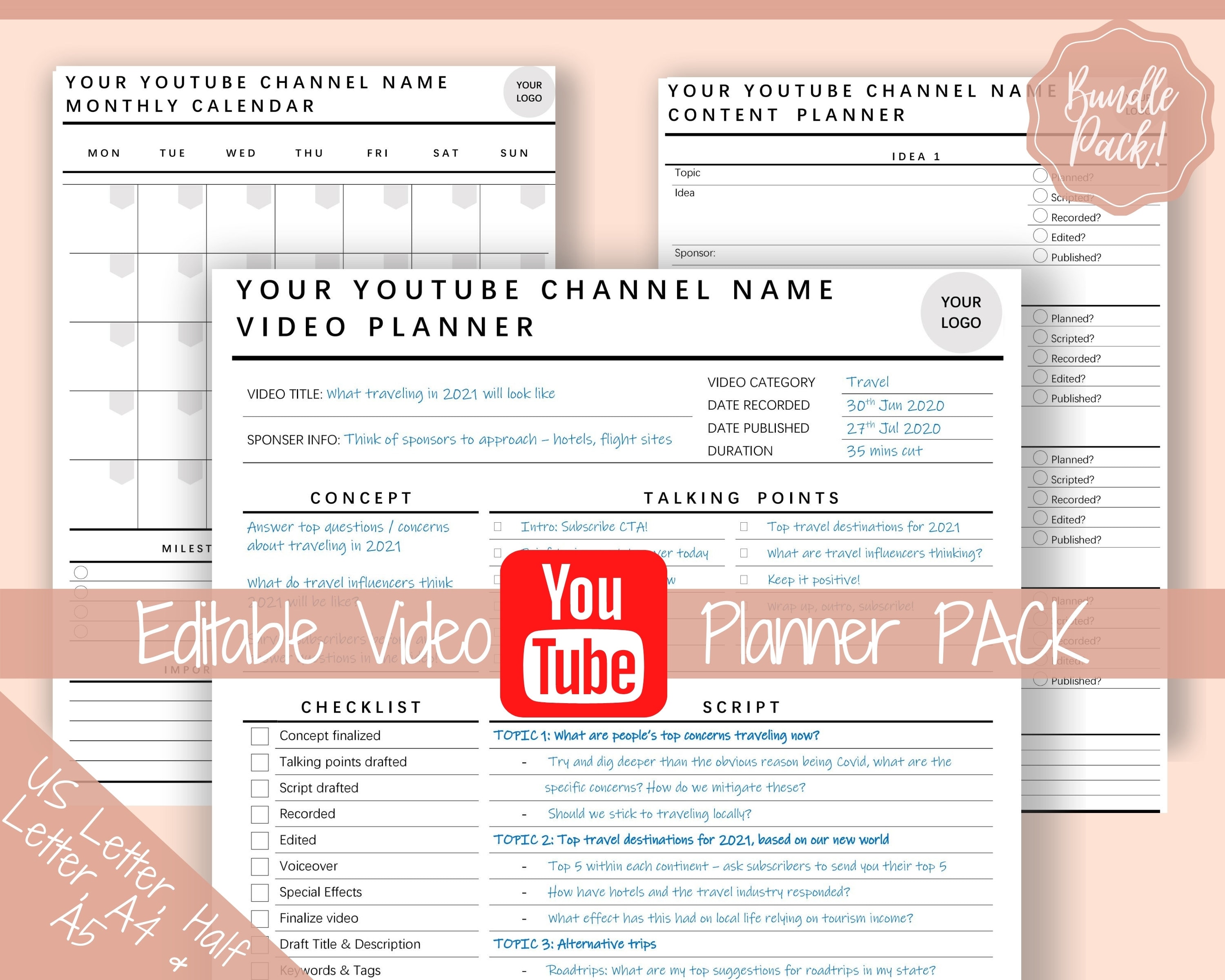 Youtube Planner Video Planner Social Media Content Calendar Etsy