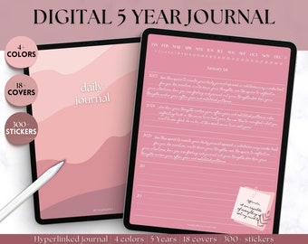 5 year Journal, Digital Daily Journal, GoodNotes iPad Notebook, Hyperlinked Digital 365 Diary, Stickers & Covers, Minimalist, One line a day