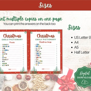 May include: Two printable Christmas emoji game cards with red and green borders. The cards are titled "Christmas Emoji Pictionary" and feature a list of Christmas movies and songs to guess. The cards are available in US Letter, A4, A5, and Half Letter sizes.