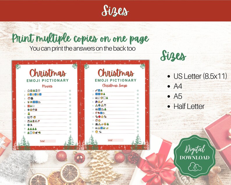 May include: Two printable Christmas emoji game cards with red and green borders. The cards are titled "Christmas Emoji Pictionary" and feature a list of Christmas movies and songs to guess. The cards are available in US Letter, A4, A5, and Half Letter sizes.