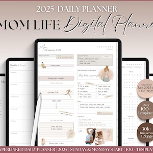 May include: A digital planner for 2025 with a pink and brown colour scheme. The planner includes a daily, weekly, and monthly view. The planner is designed for mums and includes over 100 templates and 30,000 hyperlinks across 1,200 pages.