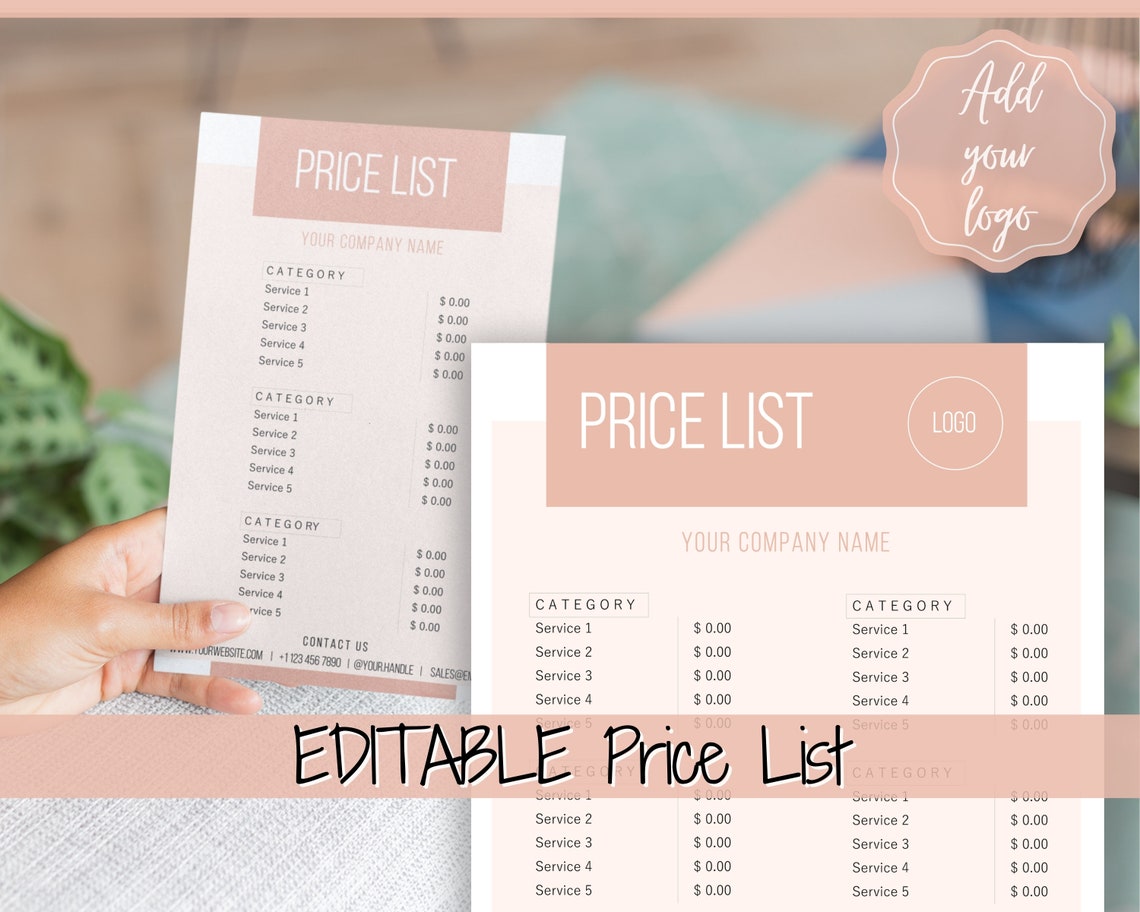 PRICE LIST Template Editable. Printable Price Sheet Price | Etsy UK
