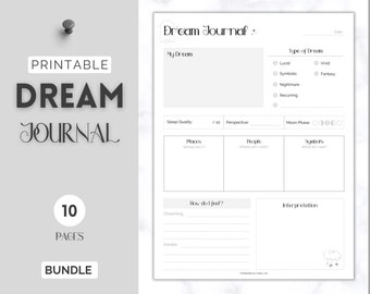 Printable Dream Journal, 10 page BUNDLE, Dream Analysis, Dream Interpretation, Dream Tracker, Dream Dairy, Sleep Tracker, Dream Planner
