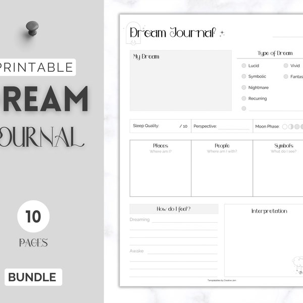 Journal de rêve imprimable, BUNDLE de 10 pages, Analyse des rêves, Interprétation des rêves, Dream Tracker, Dream Dairy, Sleep Tracker, Dream Planner