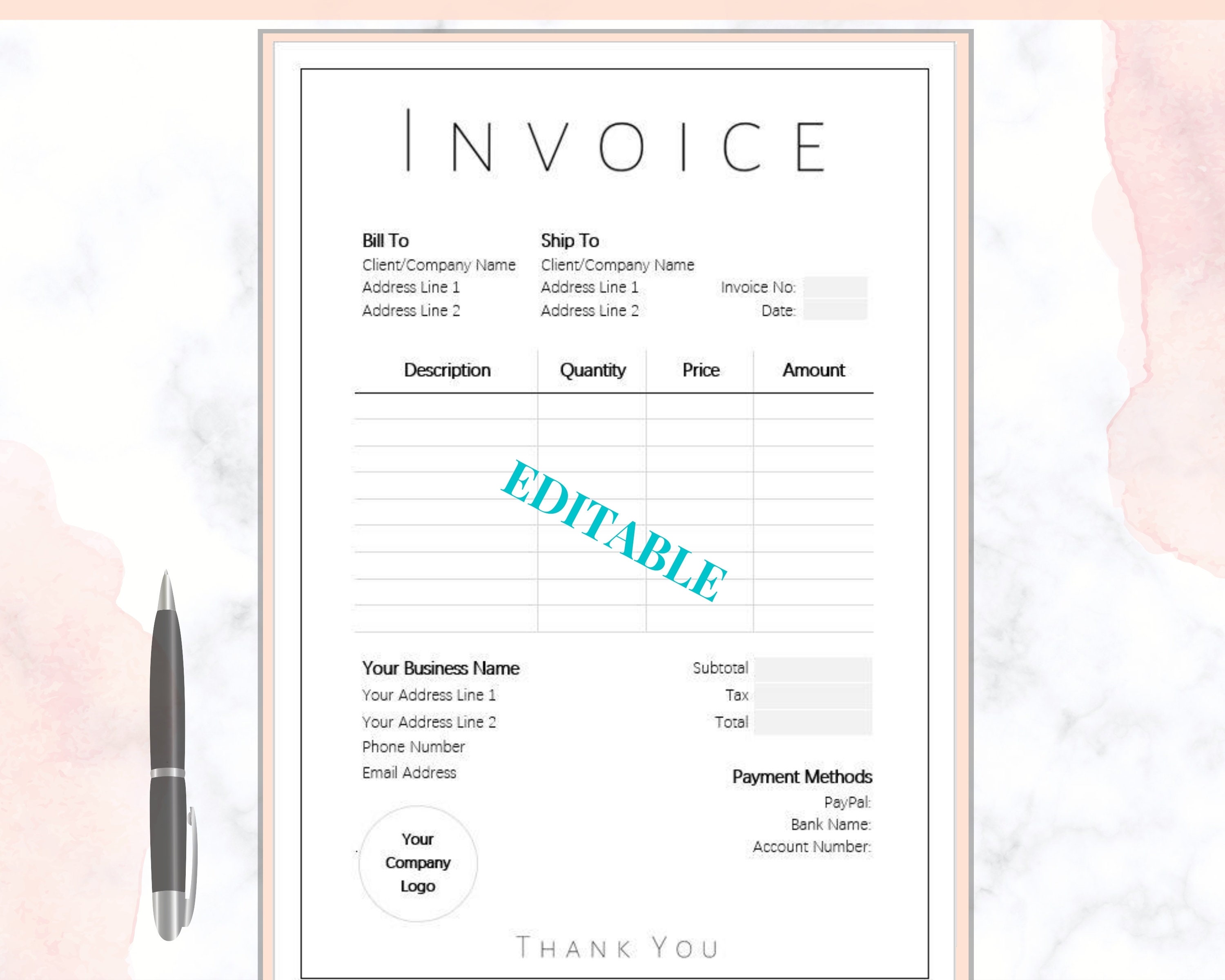Editable Billing Form Custom Order Receipt Template Small Business Invoice Printable Minimalist Invoice Template Download Editable Order