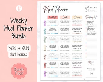 Colorful Meal Planner Printable, Weekly Food Diary, Meal Tracker, Food Journal, Menu Plan & Prep, Grocery List! Diet, Fitness, Health, Pink