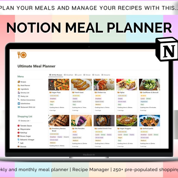 Notion Meal Planner Template, Recipe Manager, Grocery List, Digital Recipe Book, Cookbook Dashboard, Meal Plan, 250+ Pantry, Menu, Aesthetic