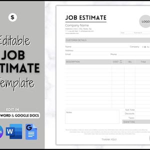 Job Estimate Template, Editable Small Business Template, Invoice Order, Job Estimate Form, Word, Canva, Google Docs, Quote, Proposal