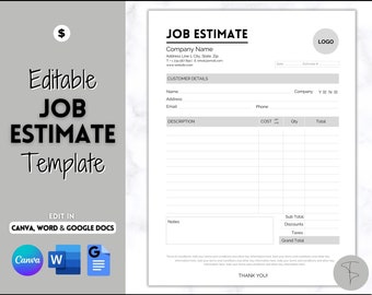 Job Estimate Template, Editable Small Business Template, Invoice Order, Job Estimate Form, Word, Canva, Google Docs, Quote, Proposal