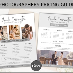Puede incluir: Una guía de precios para los servicios de fotografía ofrecidos por Amelia Carrington Studio Photography. La guía incluye tres paquetes: Mini, Clásico y Deluxe, con precios y servicios variables. La guía también enumera extras opcionales como impresiones, lienzos, álbumes y opciones a la carta. La guía incluye información de contacto y una dirección de sitio web.