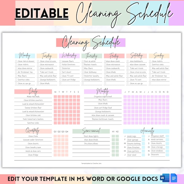 EDITABLE Cleaning Planner, Cleaning Checklist, Cleaning Schedule, Weekly House Chores, Adhd Clean Home, Monthly, Household Planner Printable