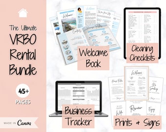 Ultimate VRBO Template BUNDLE! Editable Vacation Rental Sign, Welcome Book Template, Airbnb Cleaning checklist, Business Tracker Spreadsheet