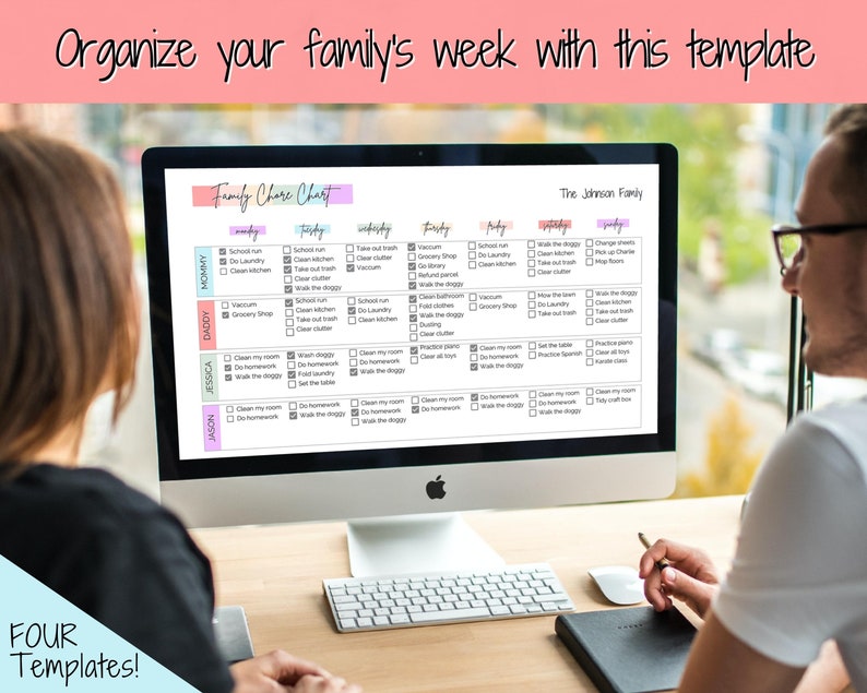 May include: A computer screen displaying a printable family chore chart template. The chart is color-coded and includes a list of chores for each day of the week. The text on the screen reads "Family Chore Chart" and "The Johnson Family".