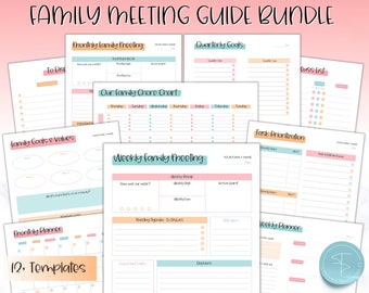 Gids voor familiebijeenkomsten, 12pg afdrukbare bundel met vergaderagenda, notities, familiekalender, huishoudelijke planner, thuisorganisatie, moederplanner