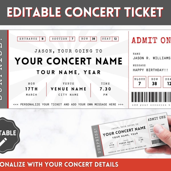 Concert Ticket Template, EDITABLE Surprise Getaway gift, Invitation, Christmas, Mom, Anniversary Gift for him, Musical Event, Theatre Show