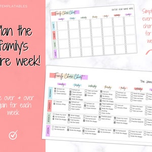 May include: A printable family chore chart template with a pink, blue, and yellow color scheme. The chart is divided into days of the week and includes a space for each family member's name. The chart includes a list of chores such as "walk the dog", "clean the kitchen", and "do homework".