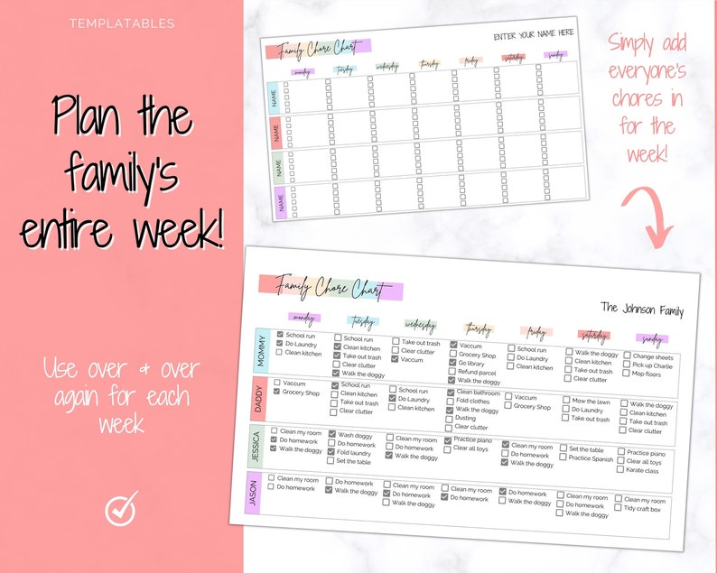 May include: A printable family chore chart template with a pink, blue, and yellow color scheme. The chart is divided into days of the week and includes a space for each family member's name. The chart includes a list of chores such as "walk the dog", "clean the kitchen", and "do homework".