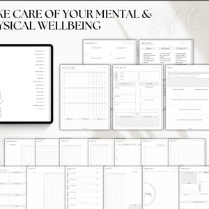 May include: A printable self-care planner with the text "Take care of your mental & physical wellbeing" at the top. The planner includes pages for tracking mood, sleep, water intake, and more. The pages are designed in a minimalist style with a gray background and black text.