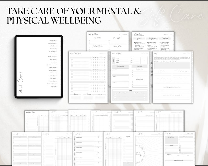 May include: A printable self-care planner with the text "Take care of your mental & physical wellbeing" at the top. The planner includes pages for tracking mood, sleep, water intake, and more. The pages are designed in a minimalist style with a gray background and black text.