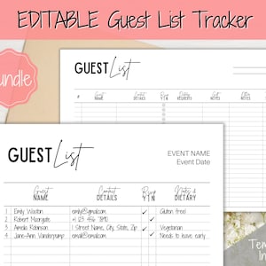 Guest List Template, Editable Guest List Tracker with RSVP, Party, Events, Birthday & Wedding Guest List, Wedding Planner Printable, Gifts