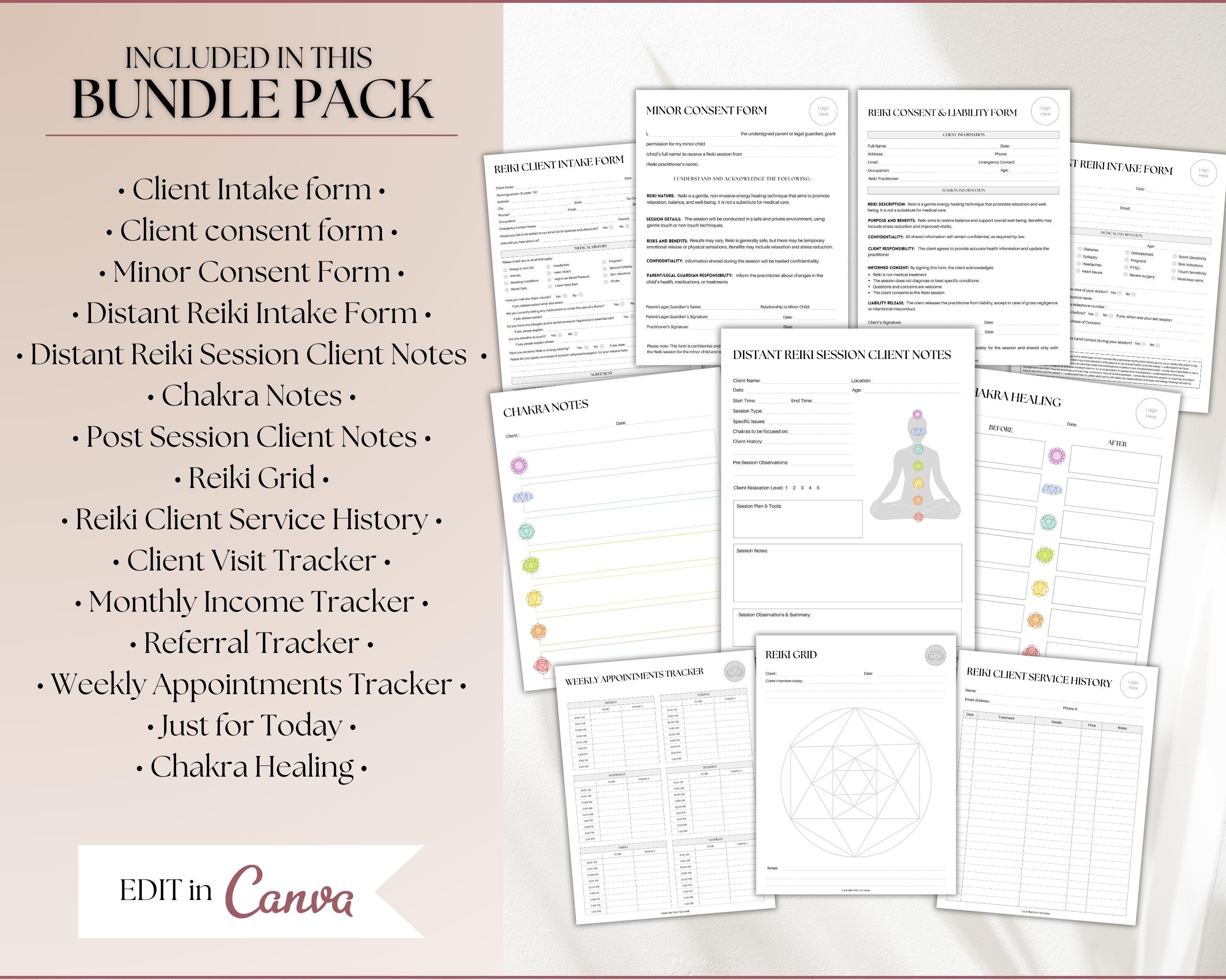 Chakra Clientform EDITABLE Reiki Business Form Template BUNDLE, Intake Forms, Distance ...