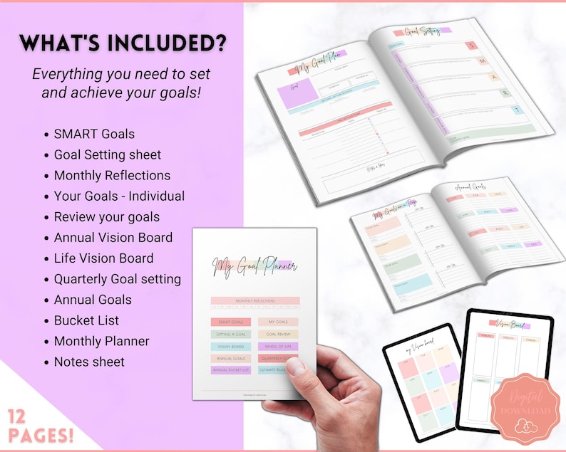 Goal Planner BUNDLE, 2024 Goals Tracker, SMART Goal Setting Kit, New Year, Monthly Habits Reflections, Productivity, Vision Board Printables image 3