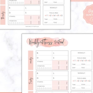 May include: A printable weekly fitness and food tracker with a watercolor background. The tracker includes sections for tracking calories, macros, hydration, vitamins, workouts, and focus areas. The tracker is designed to help people stay on track with their fitness and nutrition goals.