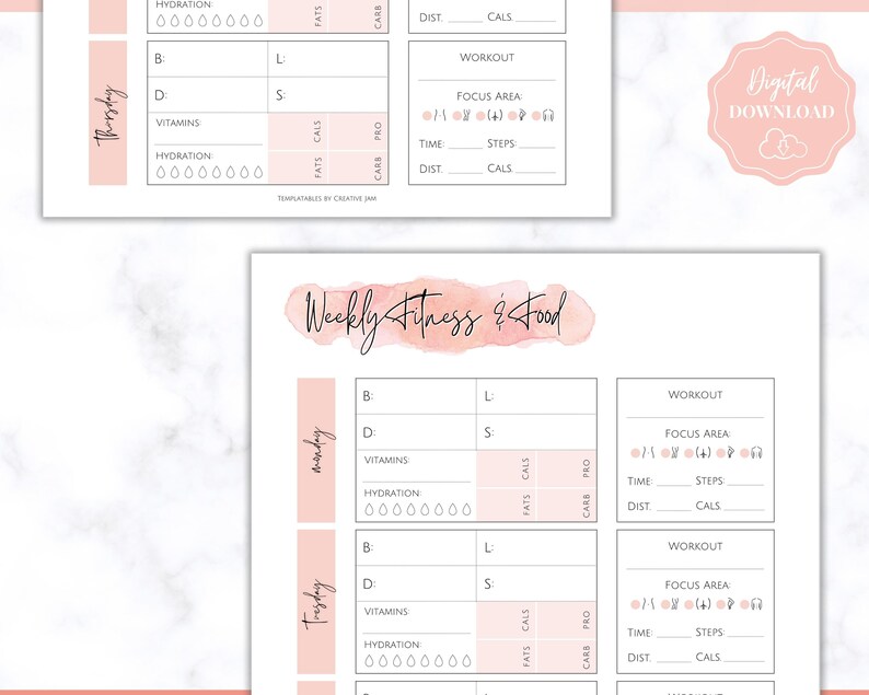 May include: A printable weekly fitness and food tracker with a watercolor background. The tracker includes sections for tracking calories, macros, hydration, vitamins, workouts, and focus areas. The tracker is designed to help people stay on track with their fitness and nutrition goals.