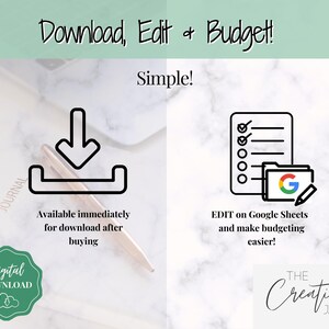 Puede incluir: Una descarga digital de un diario de presupuesto con un fondo de m&aacute;rmol blanco. El diario est&aacute; disponible inmediatamente despu&eacute;s de la compra y se puede editar en Google Sheets. El texto "Download, Edit & Budget!" est&aacute; en la parte superior de la imagen. El texto "Simple!" est&aacute; debajo del t&iacute;tulo. El texto "Available immediately for download after buying" est&aacute; debajo del icono de descarga. El texto "EDIT on Google Sheets and make budgeting easier!" est&aacute; debajo del icono de Google Sheets. El texto "THE Creative JAM CO" est&aacute; en la parte inferior de la imagen.