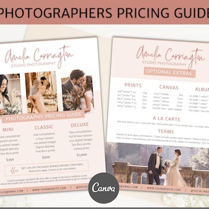 Puede incluir: Una guía de precios rosa y blanca para un estudio de fotografía llamado Amelia Carrington Studio Photography. La guía enumera diferentes paquetes de fotografía, incluidos Mini, Clásico y Deluxe, con precios para cada uno. También incluye extras opcionales como impresiones, lienzos y álbumes, con precios para cada tamaño. La guía también incluye precios a la carta para servicios adicionales, como horas adicionales de fotografía, impresiones y álbumes.