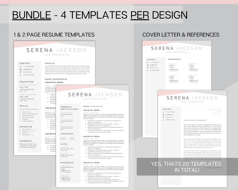 Puede incluir: Un paquete de 20 plantillas de curr&iacute;culum y cartas de presentaci&oacute;n con un dise&ntilde;o minimalista en un esquema de color rosa y gris. Las plantillas incluyen un curr&iacute;culum, una carta de presentaci&oacute;n y una p&aacute;gina de referencias. El texto "Bundle - 4 Templates Per Design" est&aacute; en la parte superior de la imagen. El texto "Yes, That's 20 Templates in Total!" est&aacute; en la parte inferior de la imagen.