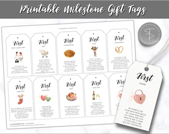 Marriage Milestone Wine Basket Tags, Printable Wine Bottle gift tags, Year of Firsts, Wedding, Bridal Shower Gift Basket, 2x3.5" Wine Labels