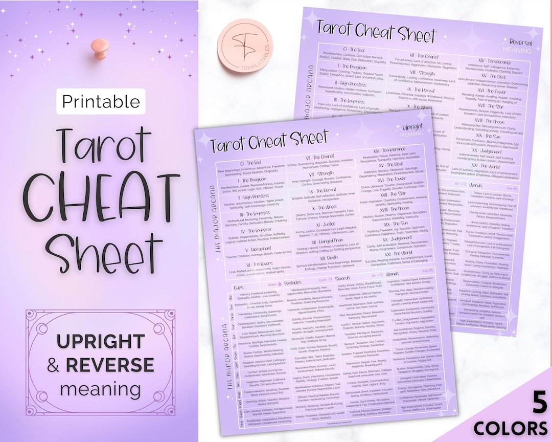 Printable Tarot Cheat Sheet Upright Reverse Meanings Learn Etsy