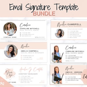 Può includere: Un pacchetto di modelli di firma e-mail con una combinazione di colori rosa tenue e bianco. Ogni modello presenta una foto, un nome, un titolo e informazioni di contatto. Il testo "Email Signature Template BUNDLE" è in alto. Modificabile in Canva.