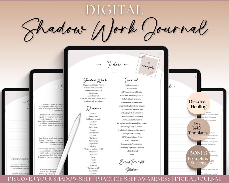 May include: Digital journal with a pink and white background. The journal is titled "Digital Shadow Work Journal". The cover features a tablet screen with the words "Shadow Work" and "Journal" on it. The journal includes over 140 templates and bonus prompts and stickers.