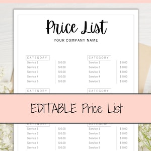 PRICE LIST Template Editable. Printable Price Sheet, Price Guide, Hair Salon, Hairdresser, Beauty, Black Monochrome, Custom Menu, Pricing